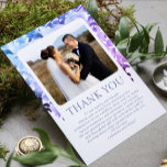Tarjeta De Agradecimiento Boda Gracias Foto Acuarela Floral<br><div class="desc">Boda Gracias Foto Acuarela Wisteria Floral Card incluye tu foto favorita con el texto "Gracias" en la tipografía de escritura púrpura moderna acentuada con flores de glicinia azul acuarela, púrpura y lavanda. Al contrario, añada una foto adicional con su mensaje personalizado. Parte de una colección diseñada por Evco Studio www.zazzle.com/store/evcostudio...</div>
