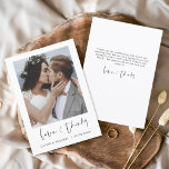 Tarjeta De Agradecimiento Boda Gracias Foto Simple Minimalista<br><div class="desc">Boda Gracias Cartas que tienen una foto en el frente y en la parte de atrás. Las tarjetas de agradecimiento contienen una moderna tipografía de escritura cursiva con letras a mano que son elegantes,  simples y modernas para usar después de la celebración del día de la boda.</div>