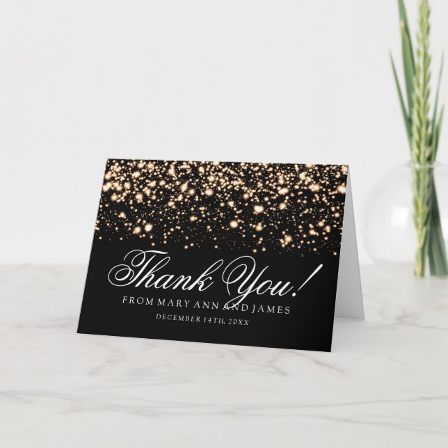 Tarjeta De Agradecimiento Boda "Gracias" Glam de medianoche dorado (Anverso)