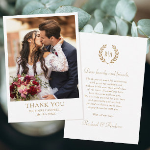 Tarjeta De Agradecimiento Boda Gracias Monograma Foto Oro Blanco