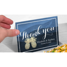 Tarjeta De Agradecimiento Boda Gracias Oro Piña Pareja Azul