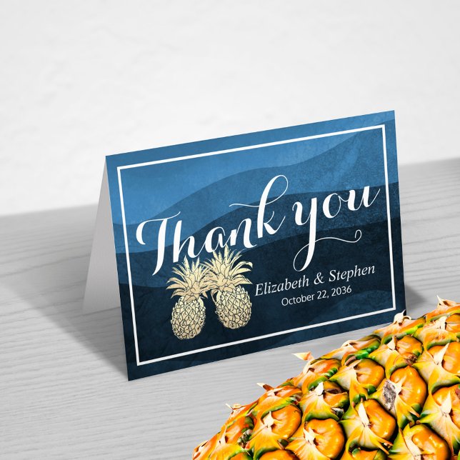 Tarjeta De Agradecimiento Boda Gracias Oro Piña Pareja Azul (Subido por el creador)