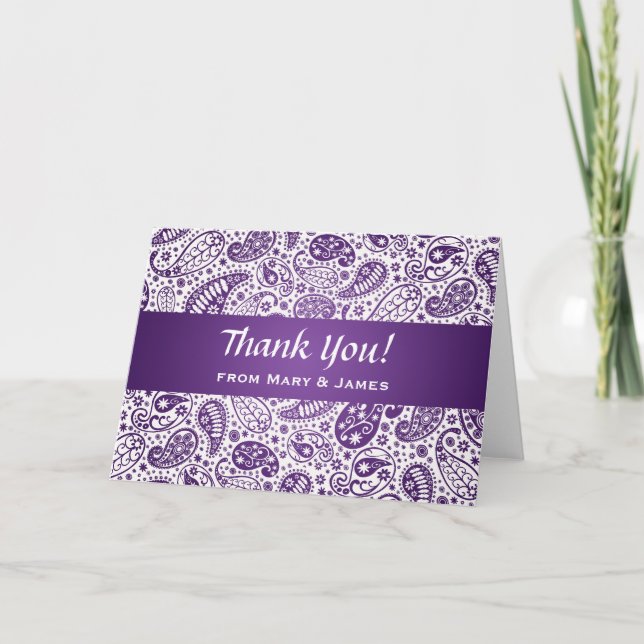 Tarjeta De Agradecimiento Boda "Gracias" Paisley Pattern Purple (Anverso)