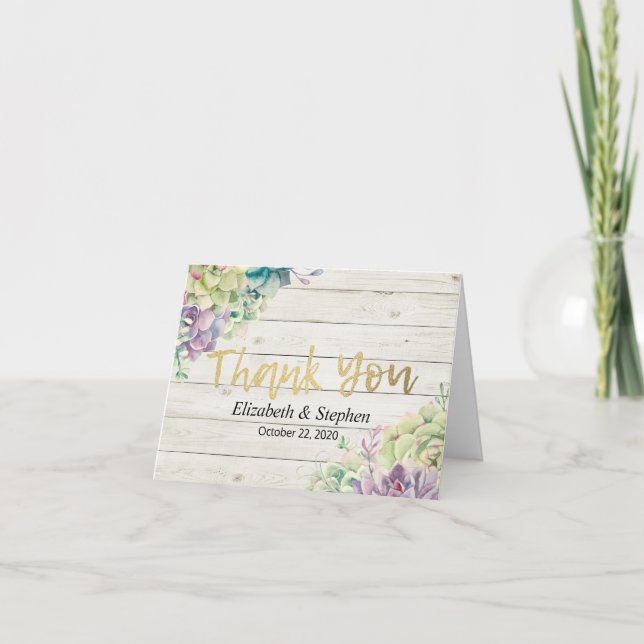 Tarjeta De Agradecimiento Boda Gracias Plantas Suculentas Madera Rústica (Anverso)