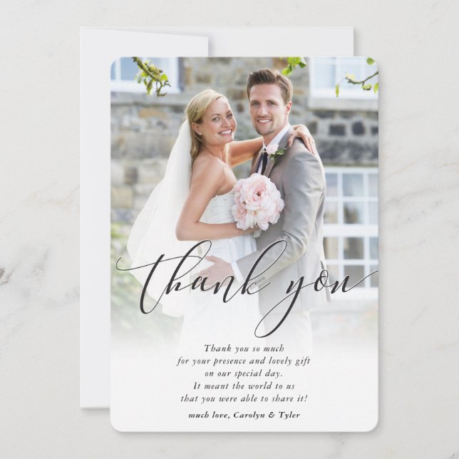 Tarjeta De Agradecimiento BODA GRACIAS POR LA fotografía caligrafía elegante (Anverso)