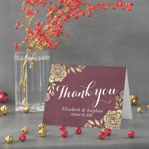 Tarjeta De Agradecimiento Boda Gracias Rosas de oro modernos rojo borgoña