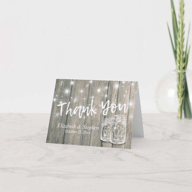 Tarjeta De Agradecimiento Boda Gracias Rustic Wood Mason Jar Lights (Anverso)