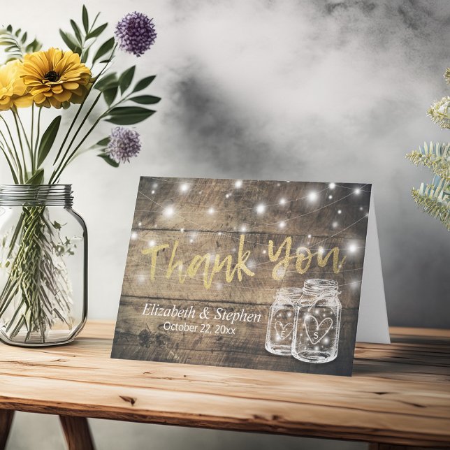 Tarjeta De Agradecimiento Boda Gracias Rustic Wood Mason Jar Lights (Subido por el creador)