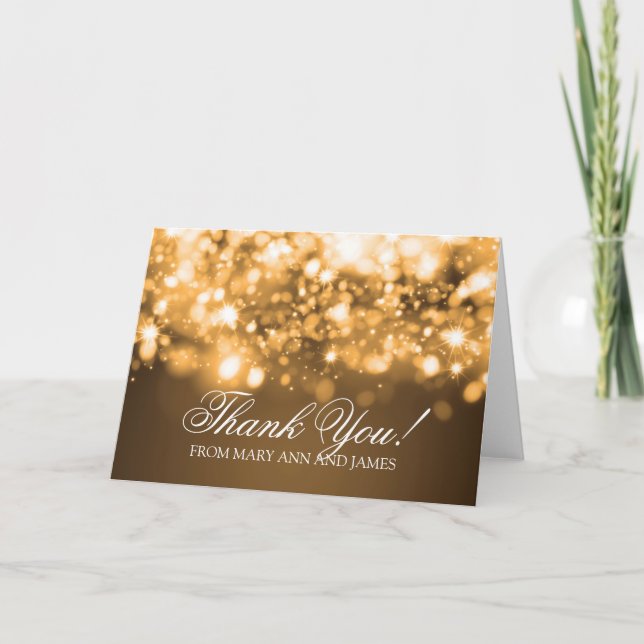 Tarjeta De Agradecimiento Boda "Gracias" Sparkling Lights Gold (Anverso)