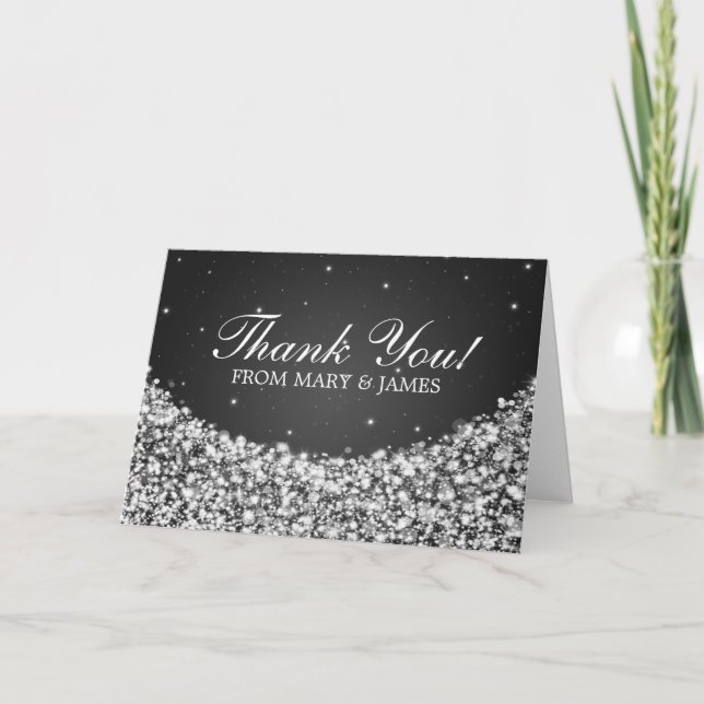 Tarjeta De Agradecimiento Boda "Gracias" Star Sparkle Black (Anverso)