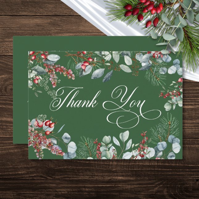 Tarjeta De Agradecimiento Boda Green Winter Pine Berries Eucalyptus (Green Winter Pine Berries Eucalyptus Wedding Thank You Card)