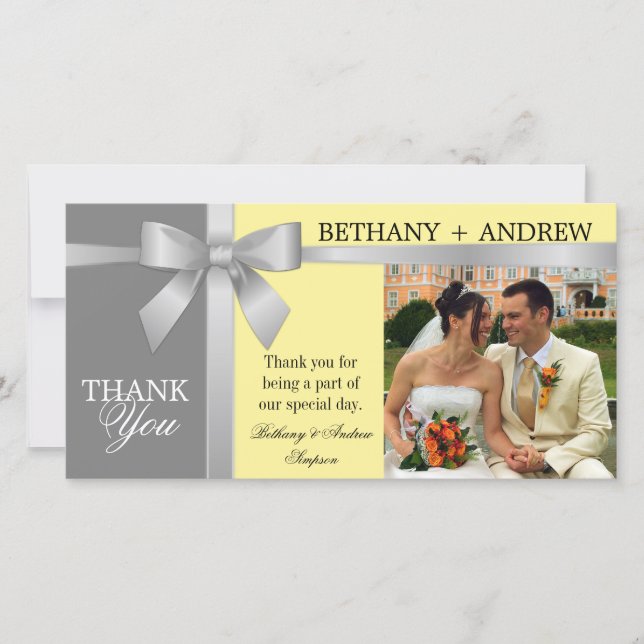 Tarjeta De Agradecimiento Boda gris amarillo de cinta plateada Gracias (Anverso)