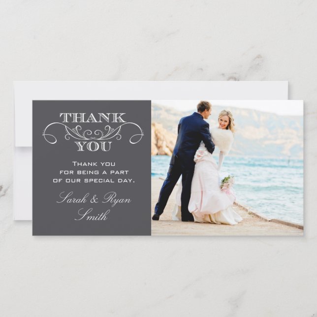 Tarjeta De Agradecimiento Boda Gris Carbón Moderno Foto Gracias Cartas (Anverso)