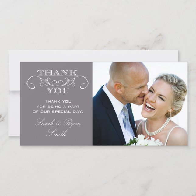 Tarjeta De Agradecimiento Boda Gris moderno Foto Gracias Cartas (Anverso)