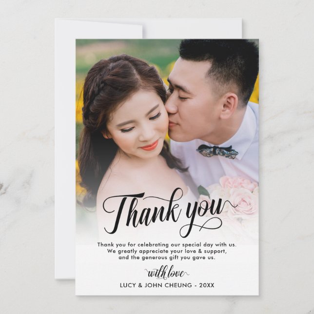Tarjeta De Agradecimiento Boda hermosa de la foto de la escritura (Anverso)