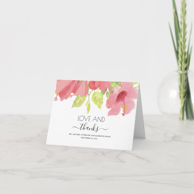 Tarjeta De Agradecimiento Boda Hibiscus floral rosa acuático (Anverso)