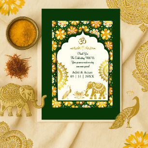 Tarjeta De Agradecimiento boda hindú esmeralda marfil ornamentado pavo real 