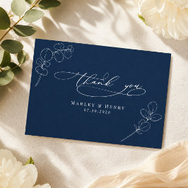 Tarjeta De Agradecimiento Boda Hojas Botánicas de Eucalipto Azul Marino