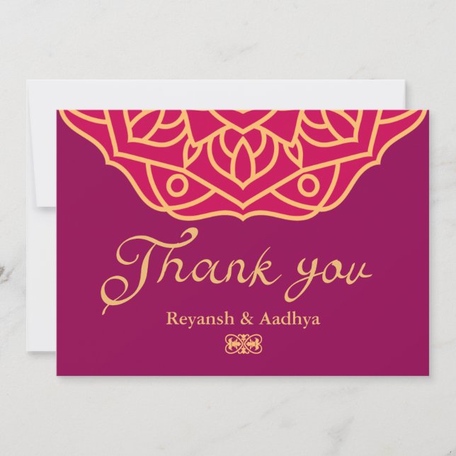 Tarjeta De Agradecimiento Boda indio Gold Magenta Mandala (Anverso)