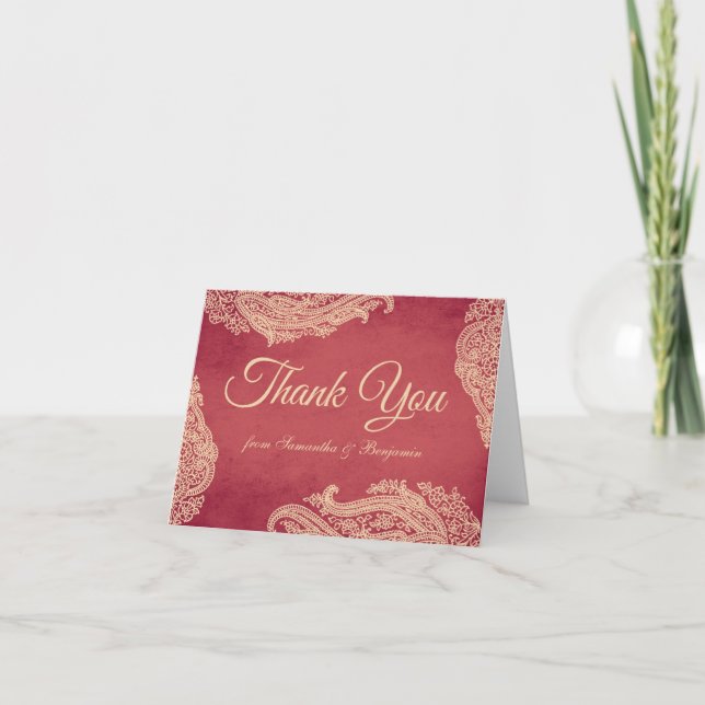 Tarjeta De Agradecimiento Boda indio, Mehndi Gracias Tarjeta, rojo, oro (Anverso)
