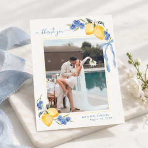 Tarjeta De Agradecimiento Boda italiana de limón floral y lazo azul y amaril
