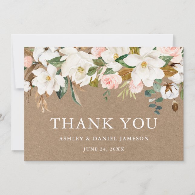 Tarjeta De Agradecimiento Boda Kraft para los Rosas de la Magnolias Blancas  (Anverso)