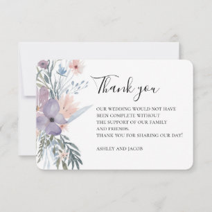 Tarjeta De Agradecimiento Boda lavanda gracias. Flores púrpuras. Botánico