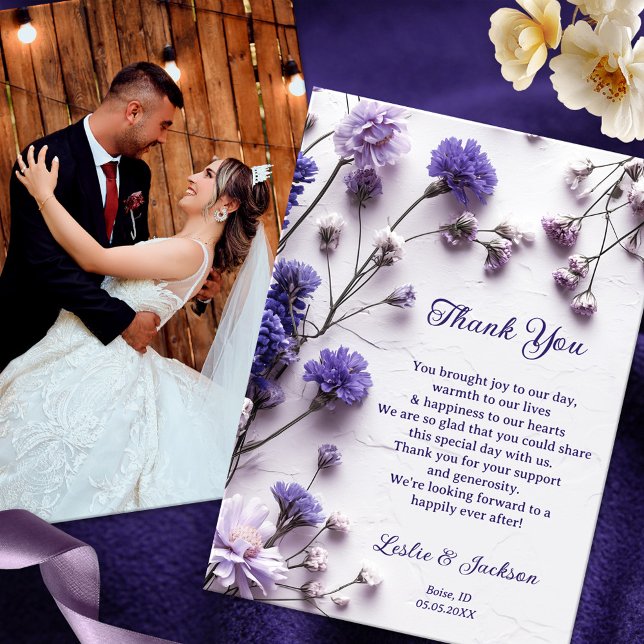 Tarjeta De Agradecimiento Boda Lavender Wildflowers (Wedding Thank You card featuring your own wedding photo and elegant lavender and purple wildflowers)