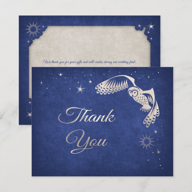 Tarjeta De Agradecimiento Boda mágico de Blue Wizard Owl Stars Magic (Anverso / Reverso)