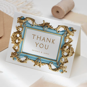 Tarjeta De Agradecimiento Boda Marco Rococó Dorado Azul Vintage