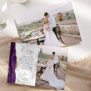 Tarjeta De Agradecimiento Boda Mármol Escritura Oro Ágata Púrpura Foto