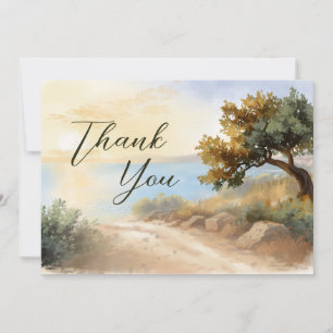 Tarjeta De Agradecimiento Boda Mediterránea Puesta de Sol Acuarela Costa