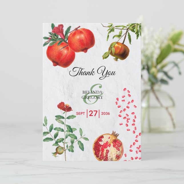 Tarjeta De Agradecimiento Boda mediterráneo botánico de Red Pomegranate (Anverso de pie)