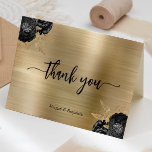 Tarjeta De Agradecimiento Boda Metal Brillado Dorado Floral Negro