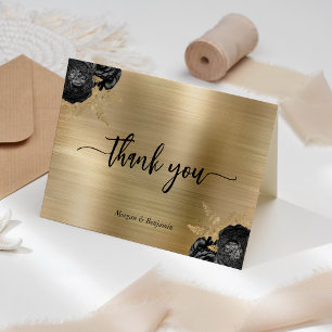 Tarjeta De Agradecimiento Boda Metal Brillado Dorado Floral Negro
