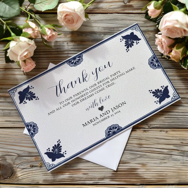 Tarjeta De Agradecimiento Boda Mexicana Sencilla Fiesta Floral Azul Otomí (Mexican Blue Floral Otomi Simple Fiesta Wedding Thank You Card)