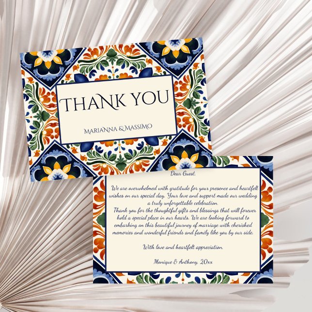 Tarjeta De Agradecimiento Boda mexicano de época de Talavera (Talavera vintage Mexican wedding Thank You Cards Azulejo blue tiles thank you cards)
