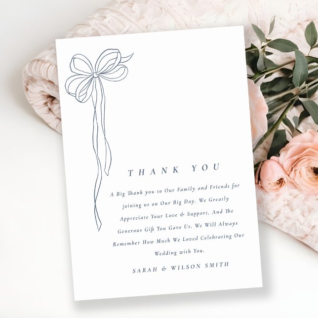 Tarjeta De Agradecimiento Boda Minimal Simple Azul Oscuro Coquette Bow (Subido por el creador)