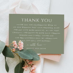 Tarjeta De Agradecimiento Boda minimalista con tipografía verde pastel