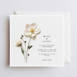 Tarjeta De Agradecimiento Boda Minimalista Cuadrada Flor Blanca Elegante I