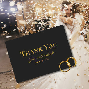 Tarjeta De Agradecimiento Boda minimalista de carbón vegetal negro y dorado
