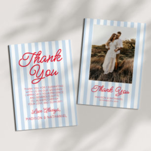 Tarjeta De Agradecimiento Boda Minimalista Moderna Azul Rayas Rojas