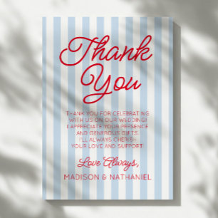 Tarjeta De Agradecimiento Boda Minimalista Moderna Azul Rayas Rojas
