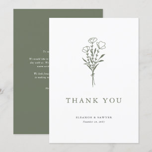 Tarjeta De Agradecimiento Boda minimalista Taupe Green Floral Bouquet
