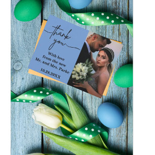 Tarjeta De Agradecimiento Boda minimalista y chic de dos fotos en azul polvo