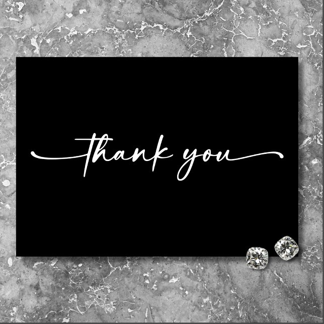 Tarjeta De Agradecimiento Boda mínimo de escritura blanca negra moderna (Modern Black White Script Photo Wedding Thank You Card)