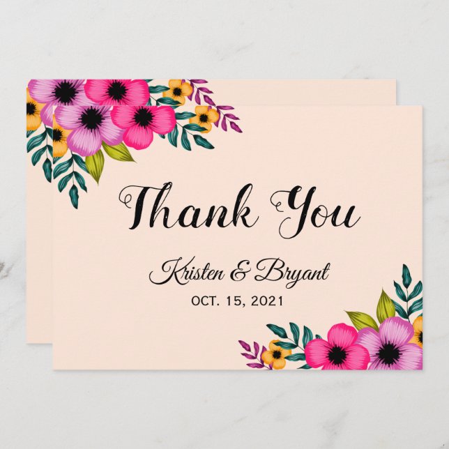 Tarjeta De Agradecimiento Boda Mínimo Floral Rosa de Rubor moderno (Anverso / Reverso)