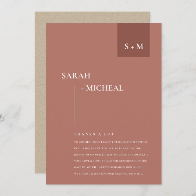 TARJETA DE AGRADECIMIENTO BODA MÍNIMO SCANDI TERRACOTTA RUST MONOGRAM (Anverso / Reverso)