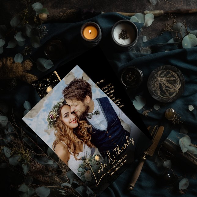 Tarjeta De Agradecimiento Boda místico de galaxia celeste de oro negro (Subido por el creador)