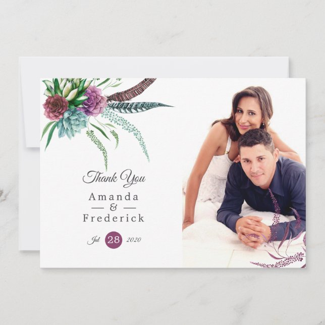 Tarjeta De Agradecimiento Boda místico del Boho Watercolor Suculento (Anverso)